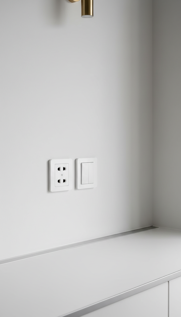 A high-detail image of a compact, professionally installed modern electrical outlet and sleek white flush-mounted switch on a pristine, freshly painted wall. The surrounding environment is a minimalist home office with smooth, neutral-gray walls, a matte white built-in desk, and subtle metallic accents—free of clutter. Soft, neutral artificial lighting from an unseen wall sconce gently illuminates the outlet, creating subtle shadows and an aura of technical modernity. Framed at a slight angle for depth, the composition uses a sharp focus to highlight the precision of electrical work. The mood is efficient, calm, and reassuring, tailored to a professional home services context, rendered with photographic realism.