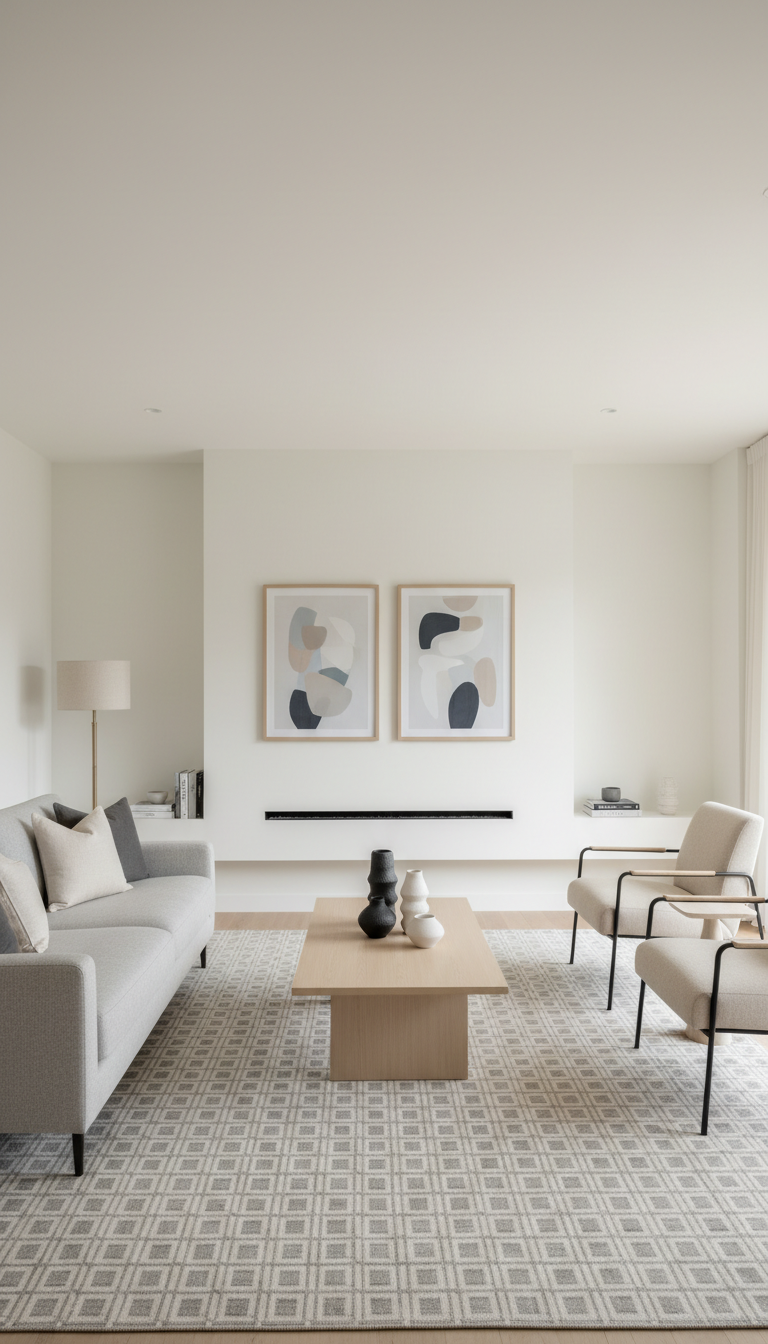 A meticulously organized modern living room interior featuring freshly painted crisp white walls with a hint of warm undertone, smooth matte finish free of imperfections. The space is styled with understated Scandinavian furniture in neutral grays and soft beiges, accented by a few contemporary decorative elements like a geometric-patterned rug and muted art prints. The room is bathed in soft, diffused daylight from unseen windows, casting gentle, natural shadows that emphasize clean architectural lines and surfaces. The mood is calm, sophisticated, and inviting, ideal for a professional home renovation site. Composed at eye level, using a balanced, symmetrical layout that highlights the transformation and pristine finish, exemplifying photographic realism and a clean, corporate aesthetic.